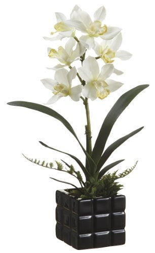 16" Artificial Cymbidium Plant in Ceramic Pot, White Yellow