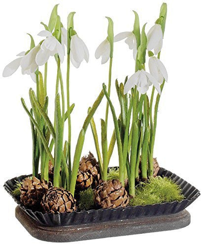 9" Artificial White Snowdrop in Tin Pot with Pine Cone