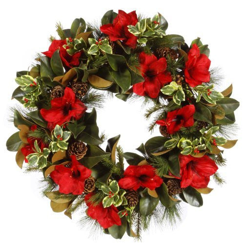 34" Artificial Amaryllis Holly Wreath