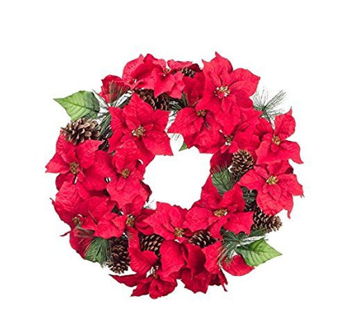 24" Velvet Artificial Poinsettia/Pine Cone/Pine Wreath, Red