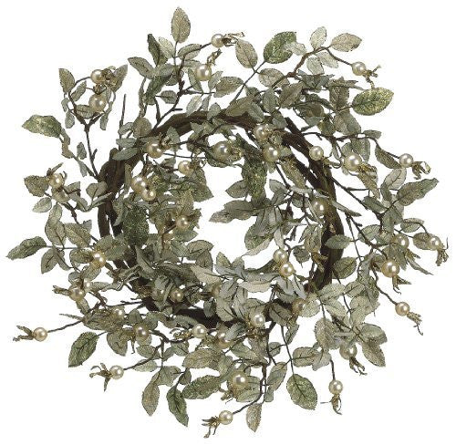 18" Artificial Glittered Pearl Rosehip Wreath, Green Pearl